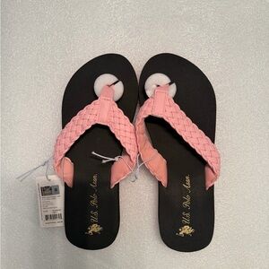 Women’s U.S. Polo Ass. Flip Flops Pink Braided Straps Black Sole Logo